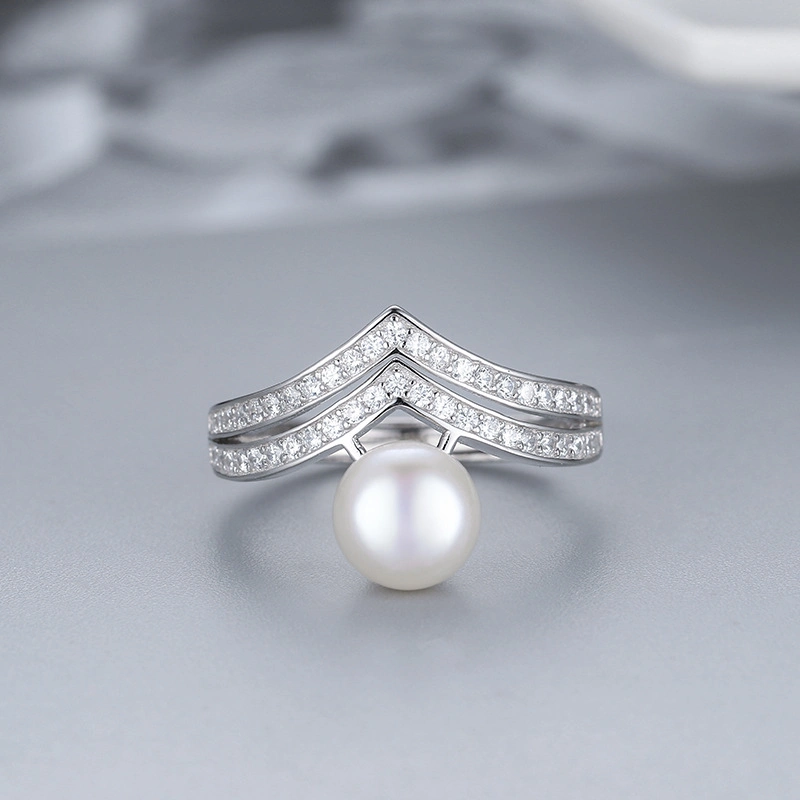 Double V Freshwater Pearl 925 Sterling Silver Ring